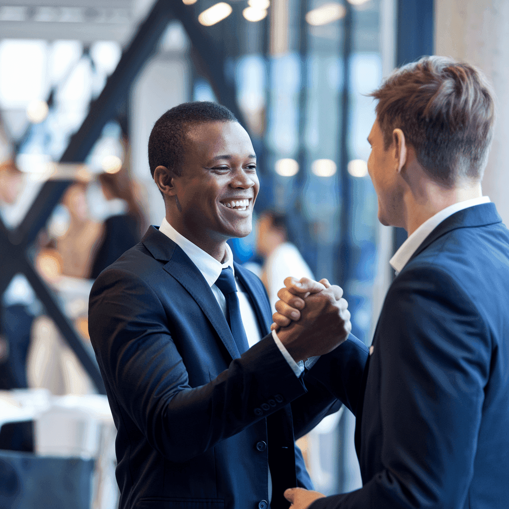 Two businessmen in suits shaking hands in a modern office environment with people working in the background.