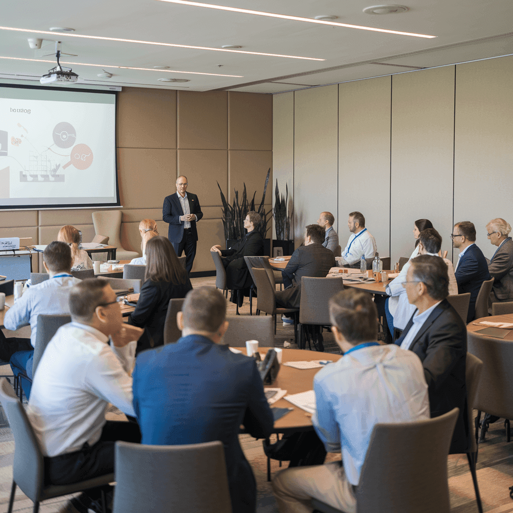 Business meeting with a presenter speaking to seated attendees in a conference room.