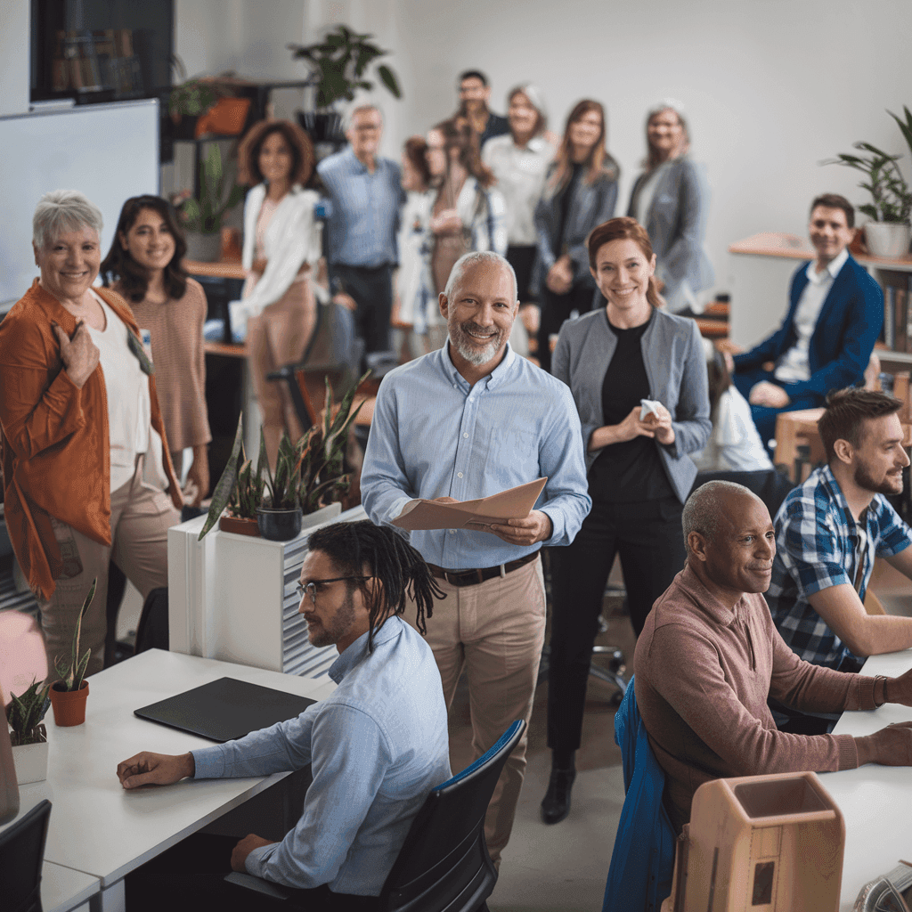 Diverse group of professionals smiling in a modern office setting with plants and desks.