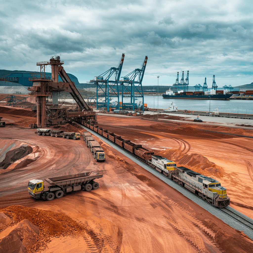 Industrial port with trains transporting red soil and large cranes by the waterfront, under a cloudy sky.