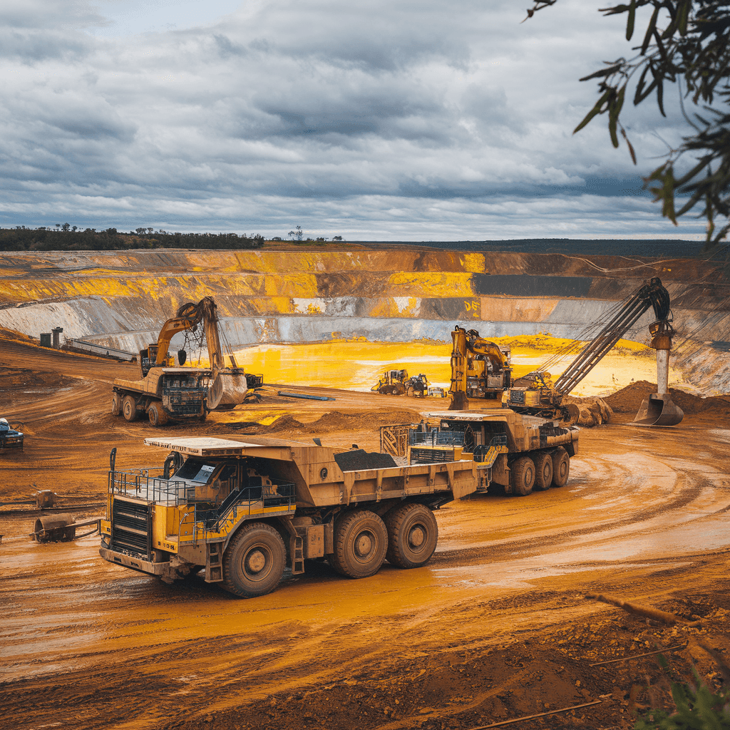 Large mining trucks and excavators operating in an open-pit mine under a cloudy sky.