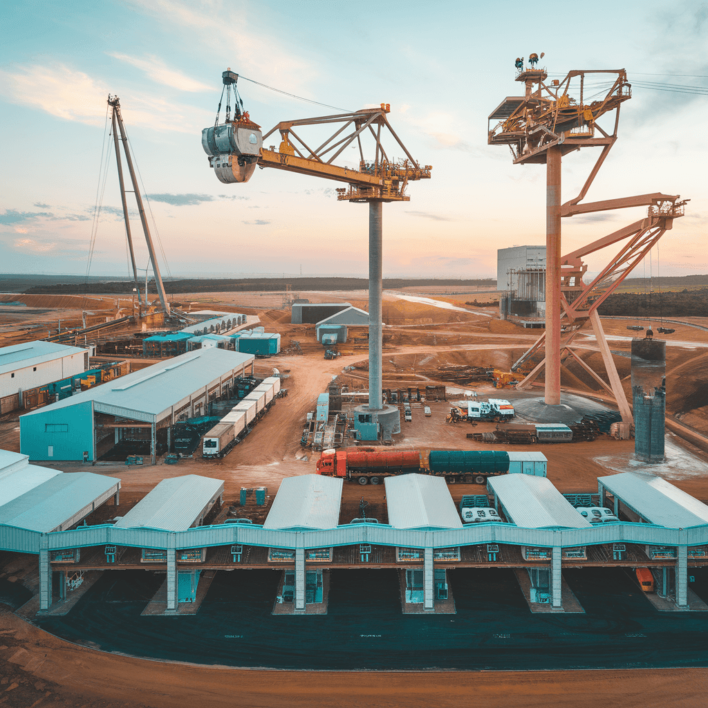 Industrial site with cranes, trucks, and various buildings at sunset.