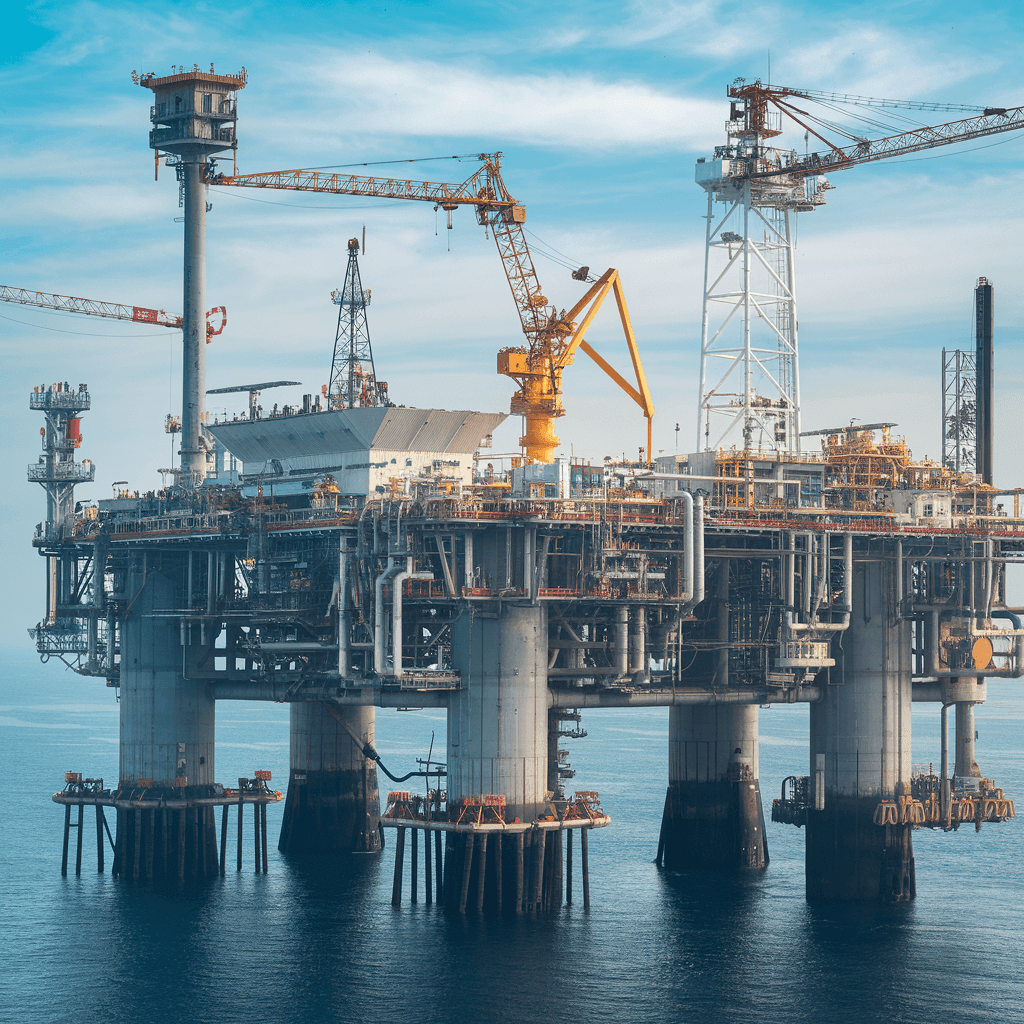 Large offshore oil platform with cranes and equipment, situated in the ocean under a partly cloudy sky.