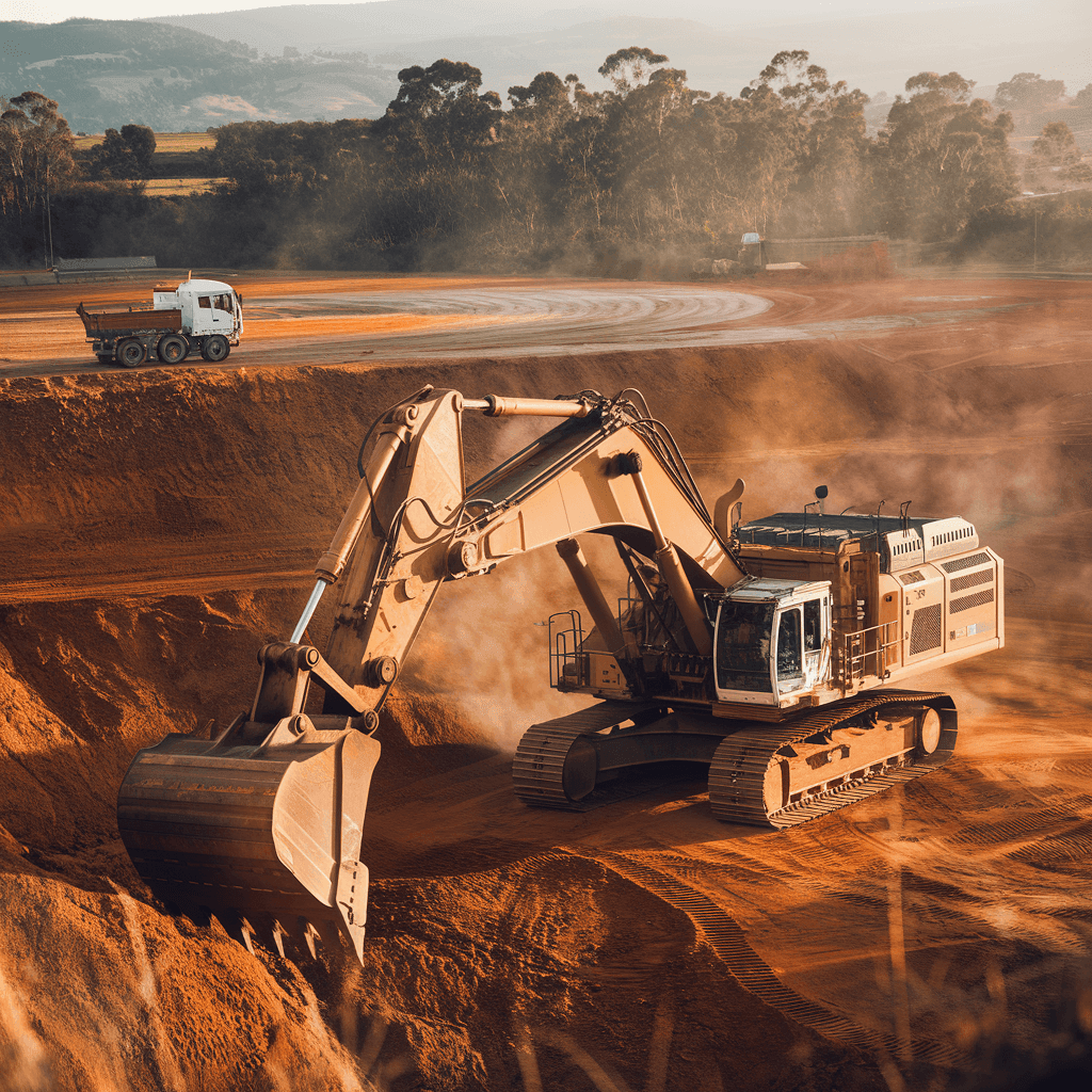 Large excavator digging earth in a quarry with a truck in the background on a sunny day.