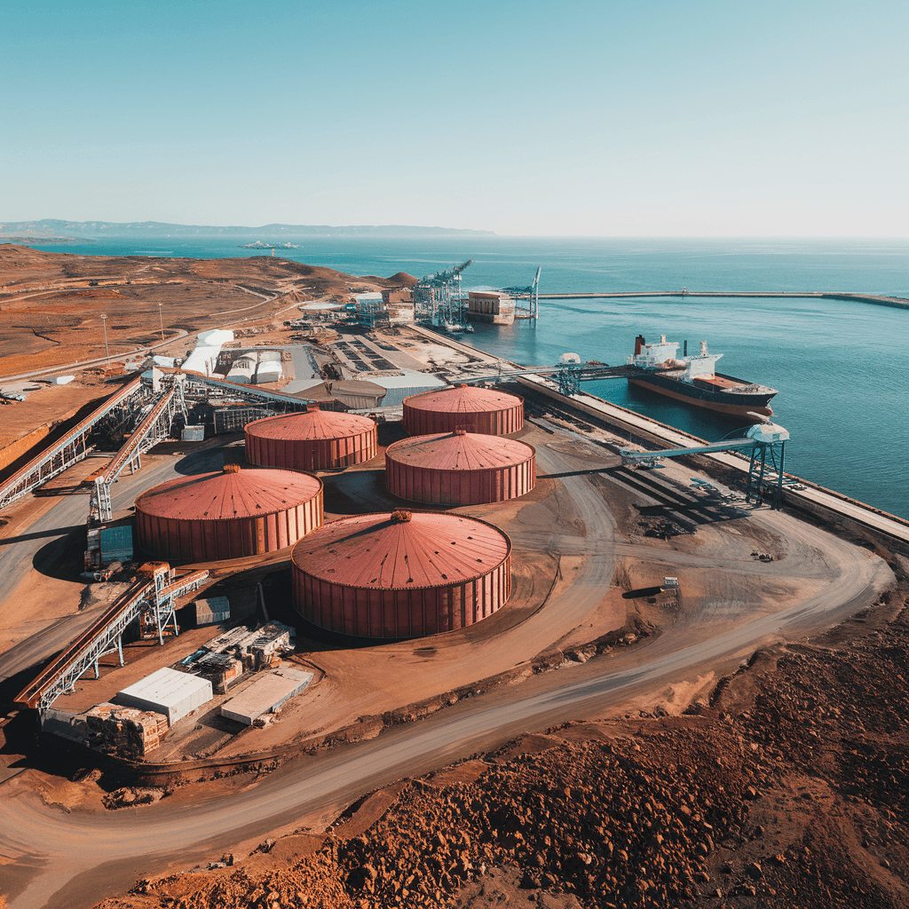 Aerial view of a coastal industrial area with large storage tanks and piers by the ocean.