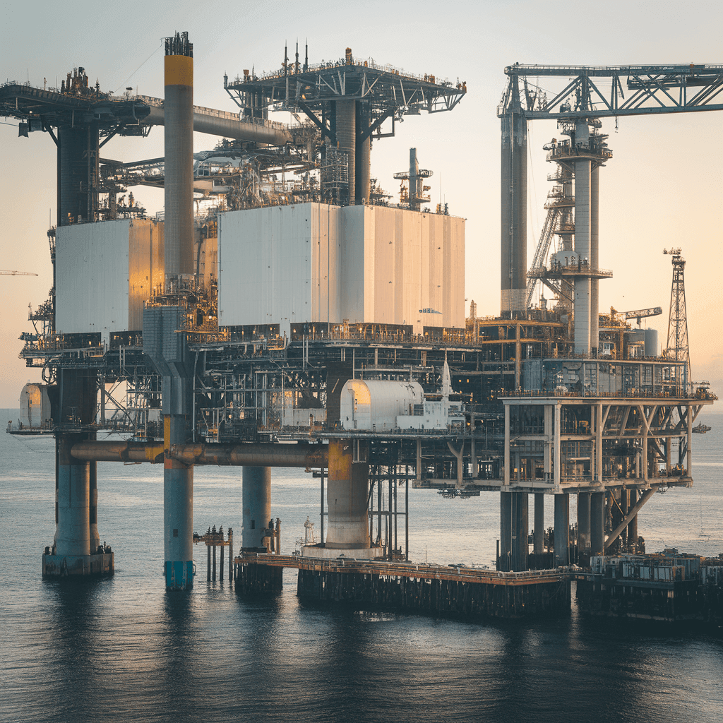 Large offshore oil rig platform situated in the ocean, highlighted by evening light reflecting on the structure.