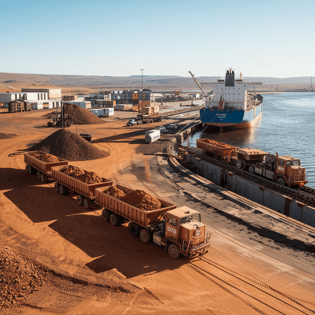 Trucks loaded with mineral ore near a cargo ship at a mining port under clear blue sky.