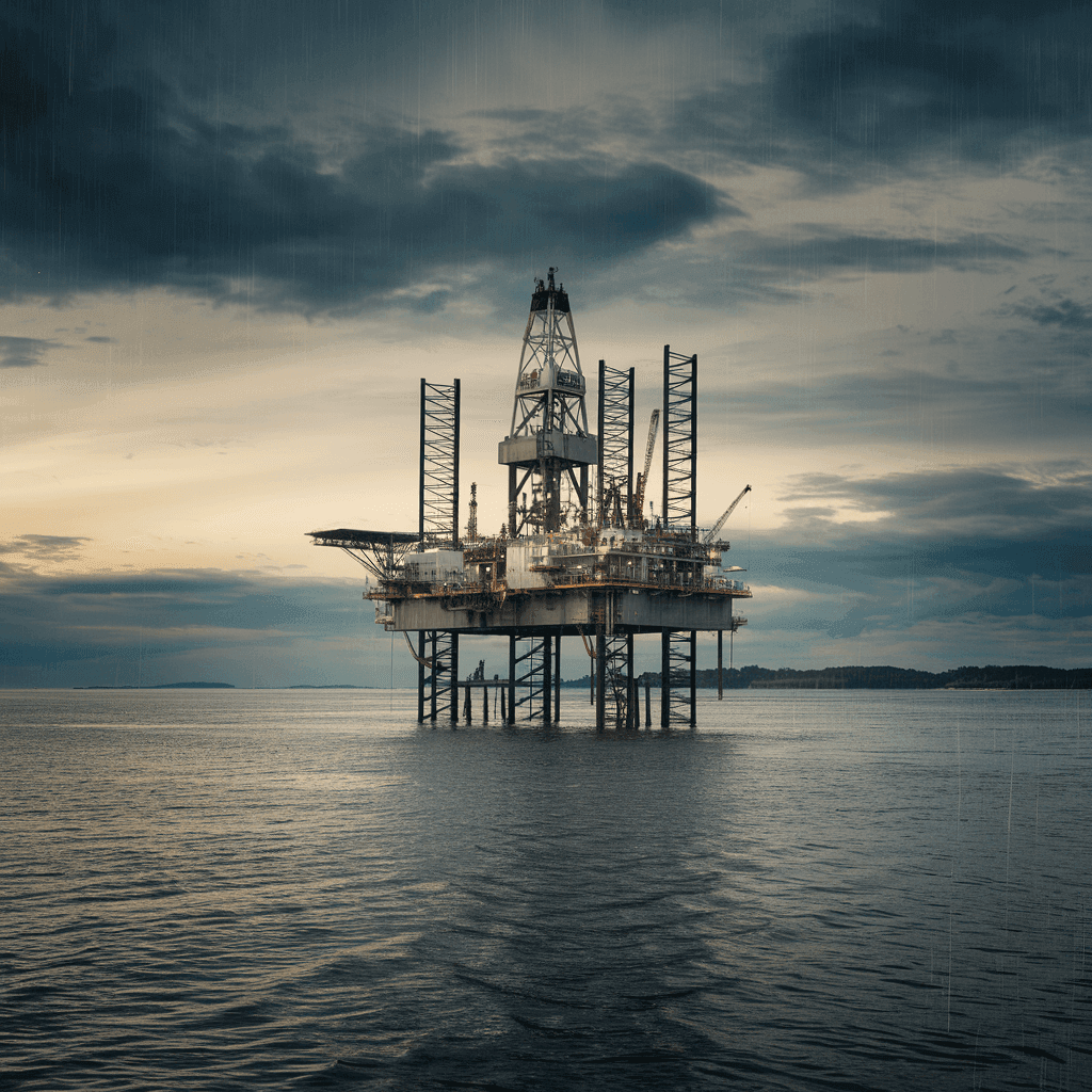 Offshore drilling rig in the middle of the ocean under a cloudy sky during dusk.