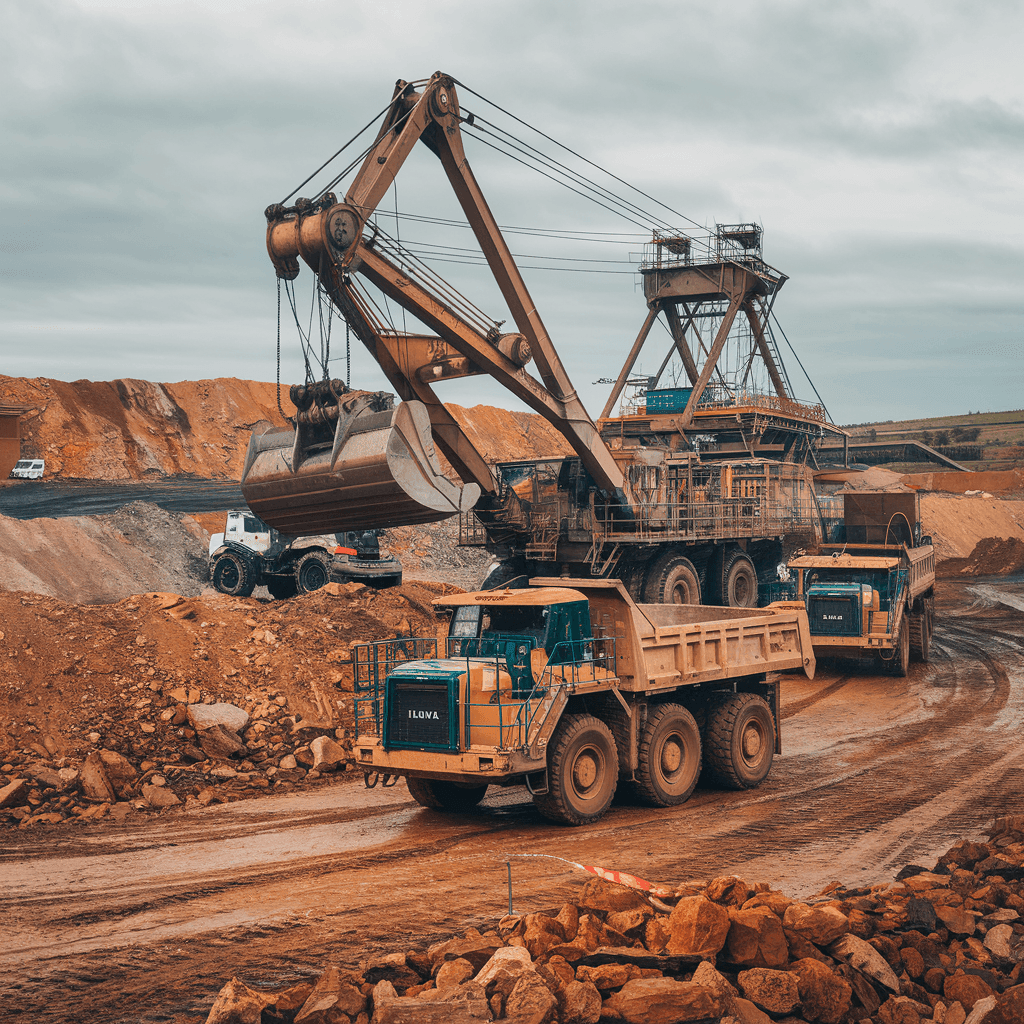 Large excavator loading dump trucks with earth in a quarry under cloudy skies.